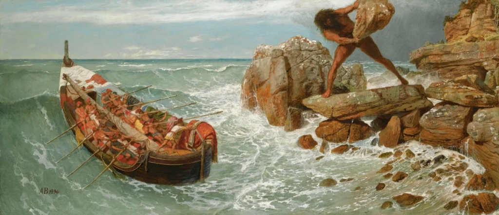 Arnold Böcklin painting Odysseus and Polyphemus, the blinded one-eyed Cyclops hurling a rock at Odysseus's ship