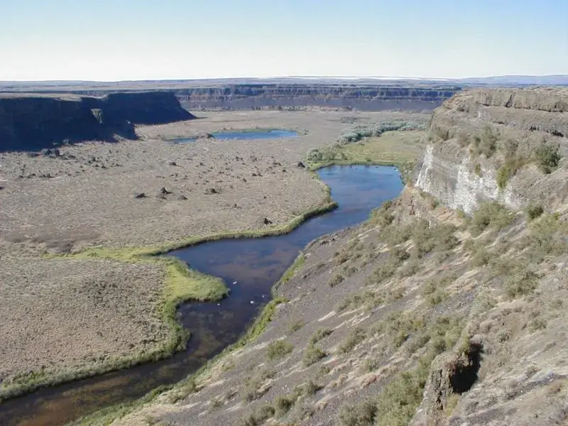 Layered basalt cliffs of the Grand Coulee below Dry Falls