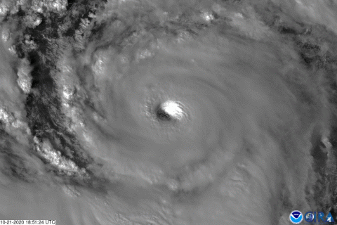 GOES-East satellite view of Hurricane Epsilon over the Atlantic on 21 October 2020, showing the storm's well-defined eye