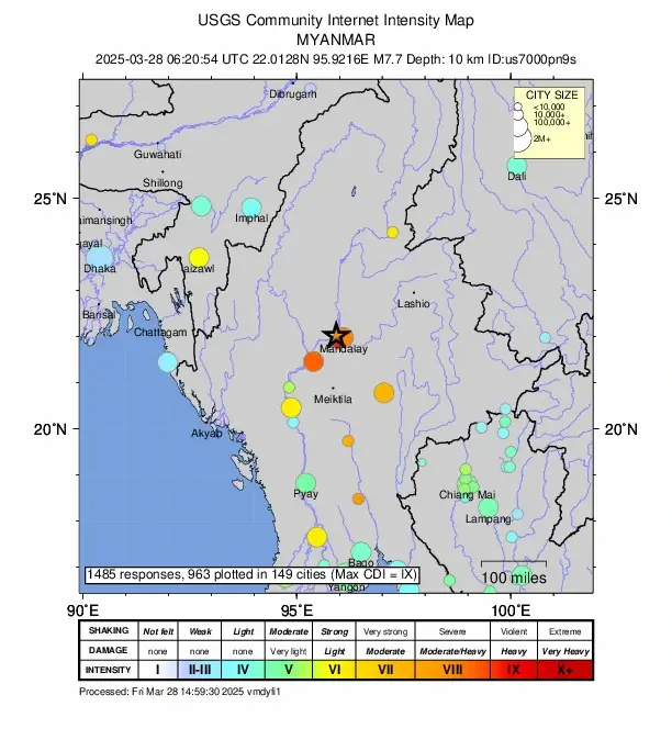 USGS ShakeMap of the 28 March 2025 magnitude 7.7 Mandalay earthquake showing the long north-south rupture along the Sagaing Fault