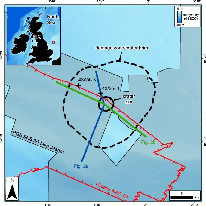 Location and damage-zone map of the Silverpit crater in the southern North Sea