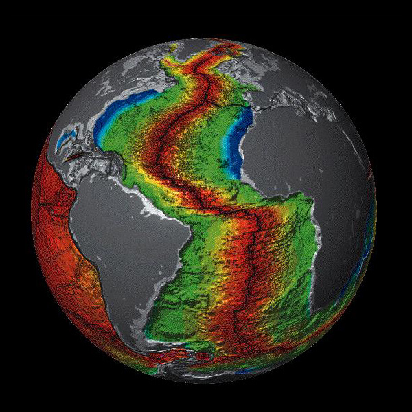 Map of the age of the Atlantic seafloor centred on the Mid-Atlantic Ridge