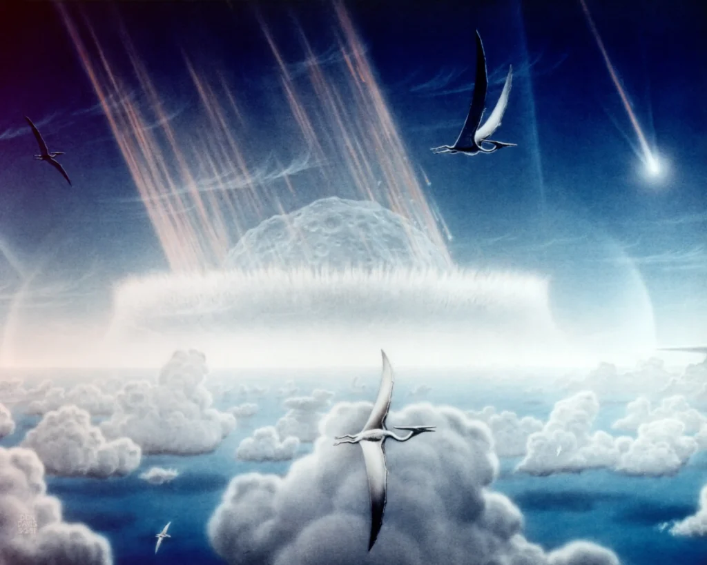 Artist’s reconstruction of the much larger Chicxulub impact in a shallow sea.