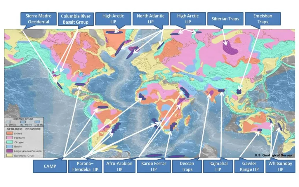 World map showing the locations of major flood basalt provinces