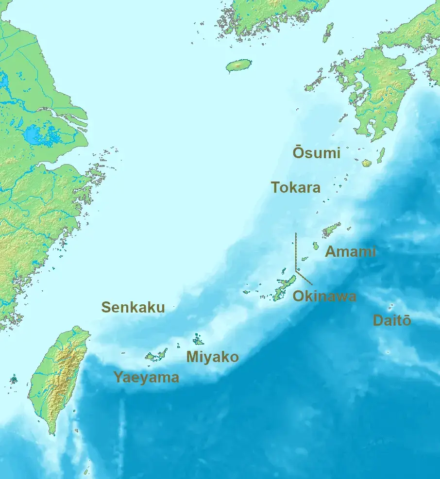 Locator map of the Ryukyu Islands arc from Kyushu to Taiwan, with Yonaguni Island at the western end near Taiwan