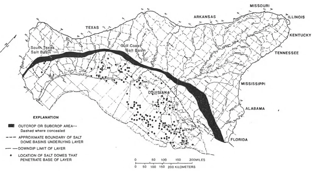 USGS map of salt domes distributed across the Gulf Coastal Plain of Louisiana and Texas