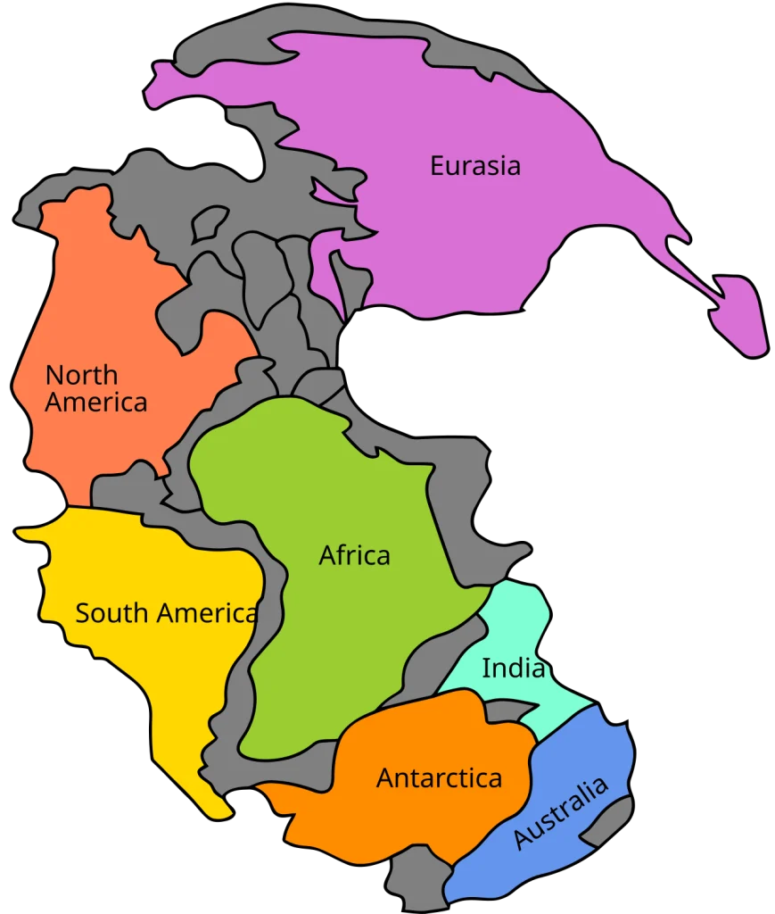 Map of the supercontinent Pangaea with the modern continents labelled