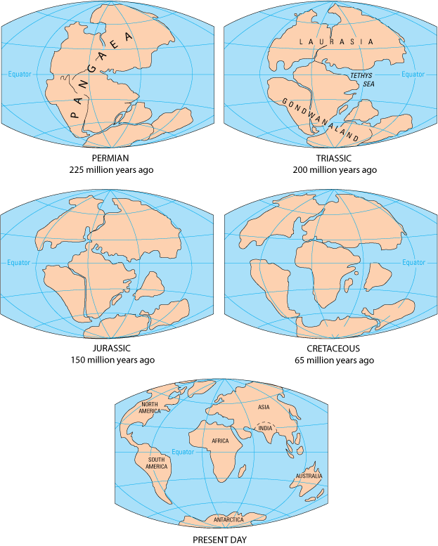 USGS maps showing the break-up of Pangaea from the Permian to the present