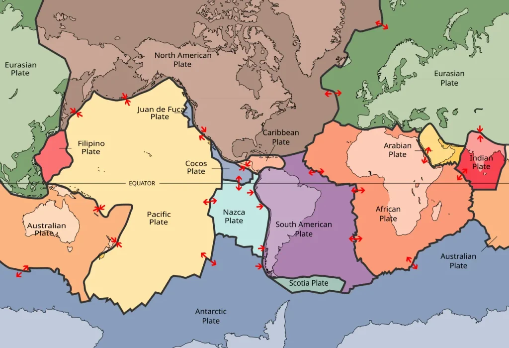 USGS world map of the major tectonic plates and their boundaries