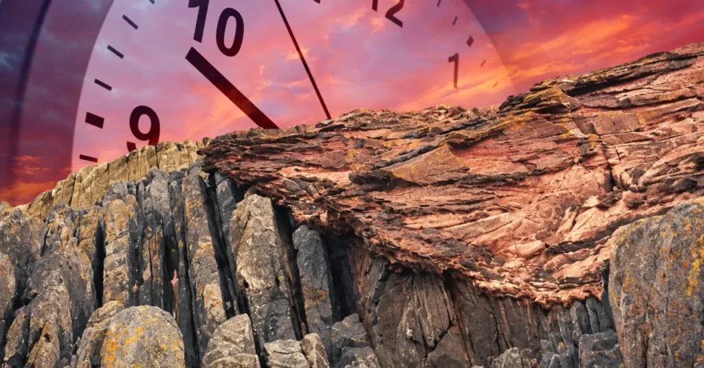 Esfera de reloj superpuesta a unos acantilados rocosos al atardecer
