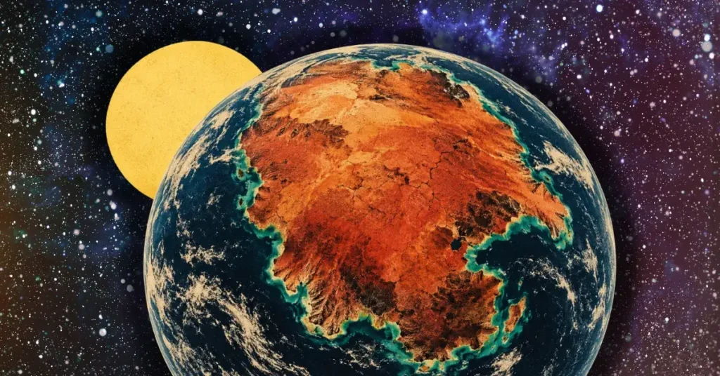 Tierra estilizada con continentes naranjas, un sol amarillo y un espacio estrellado