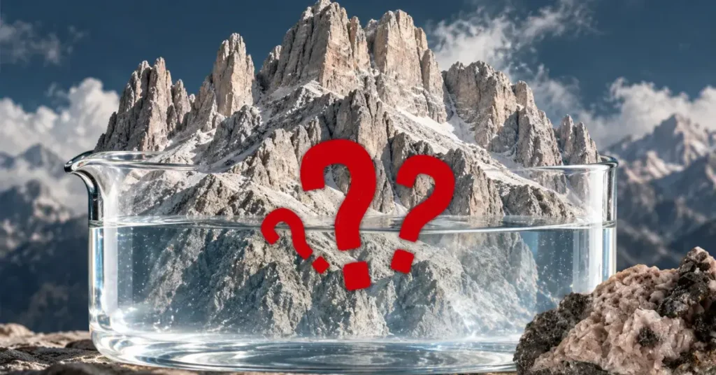 Dolomite Mountains reflected in water beaker with red question marks