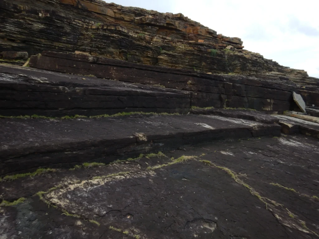 Step-like sandstone terraces at Sanninu-dai on Yonaguni's dry coast, with straight edges and vertical risers