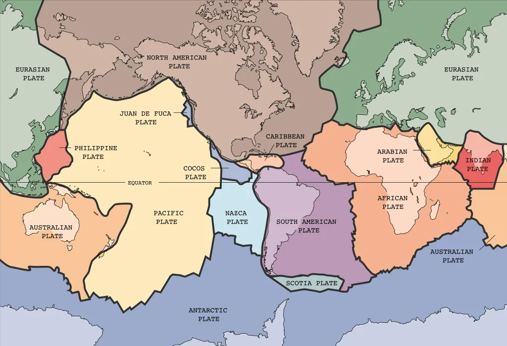 World map of the major tectonic plates and their boundaries
