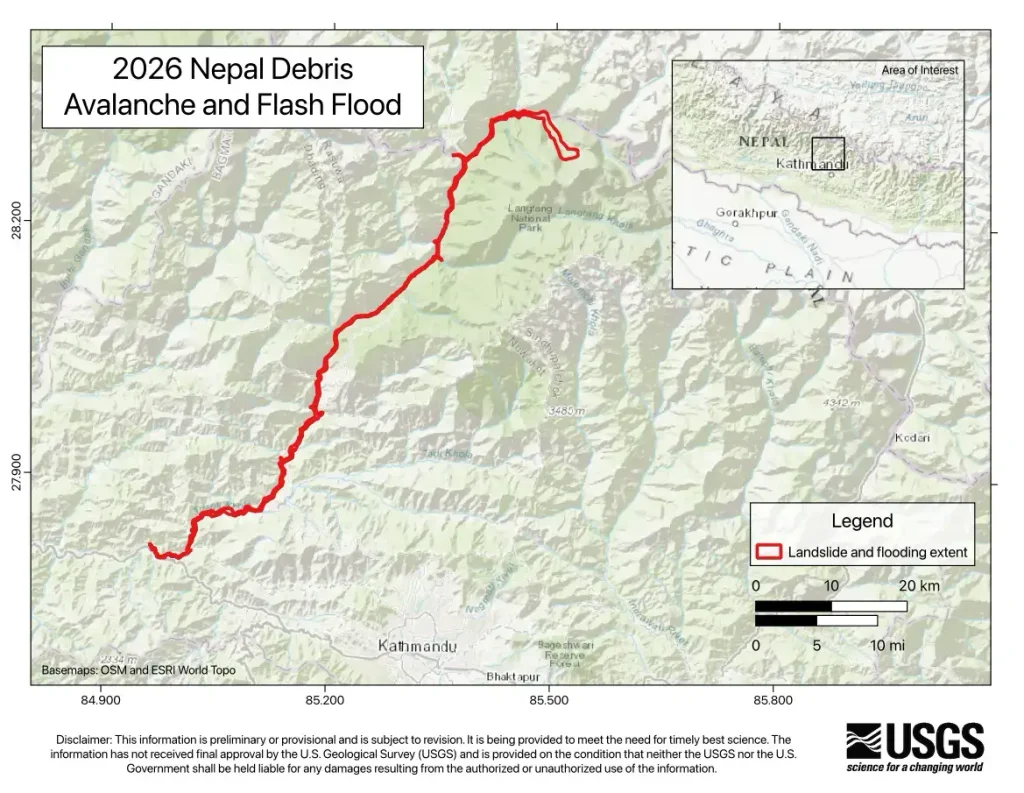 Topographic map with a star marking the collapse source on Langtang Lirung and a line tracing the roughly 100-kilometre flood path down the Lhende, Bhote Koshi and Trishuli rivers.