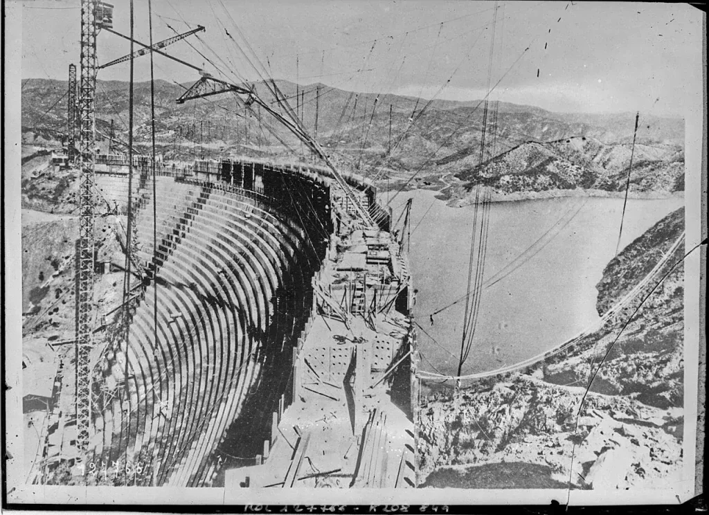 A 1928 press-agency photograph of the St. Francis Dam site