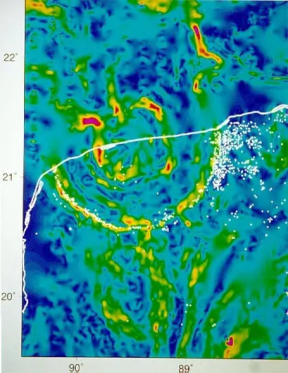 Chicxulub crater gravity anomaly map showing the buried impact structure that ended the Cretaceous