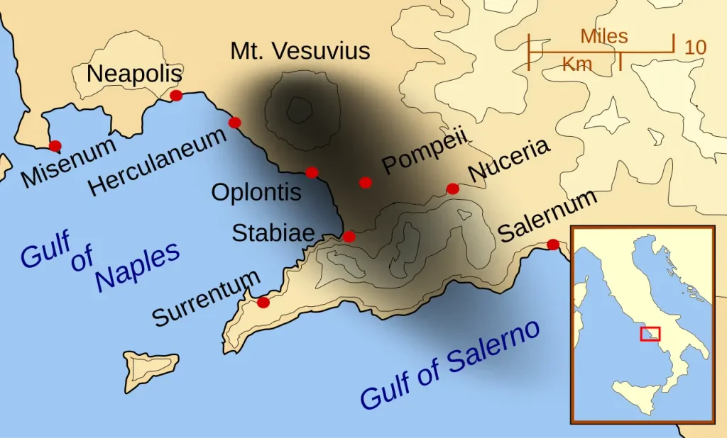 Map of the Bay of Naples showing Vesuvius, Herculaneum, Pompeii and the area covered by ash and pumice fall in 79 CE