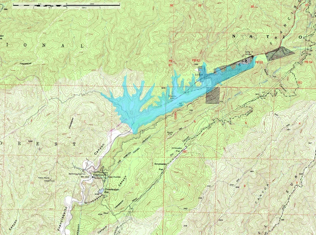 Topographic map of San Francisquito Canyon showing the outline of the former St. Francis reservoir