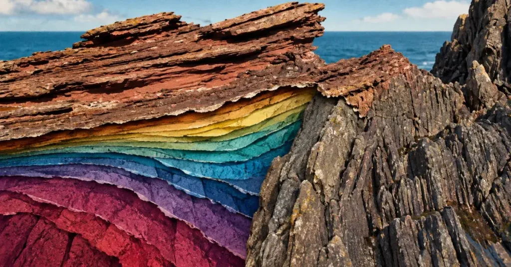 Formación rocosa estratificada de colores de arcoíris junto al océano