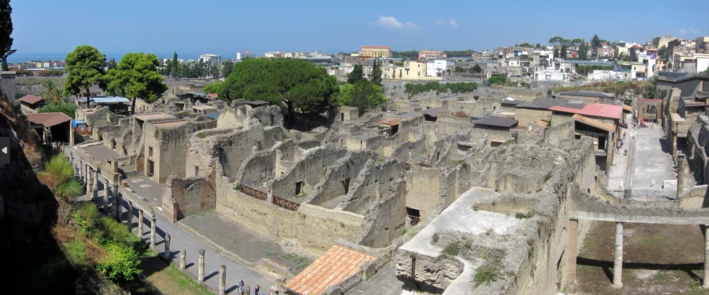 Panoramic view of the excavated ruins of Herculaneum in Italy