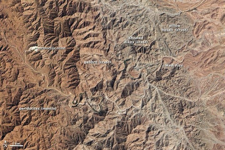 Satellite image of the Semail ophiolite in Oman, where ancient oceanic crust and mantle rock are exposed at the surface
